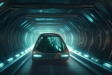 futuristic flying bus with peoples fast driving in sci fi tunnel, coridor. Concept of future. 3d rendering.Generate Aiの素材