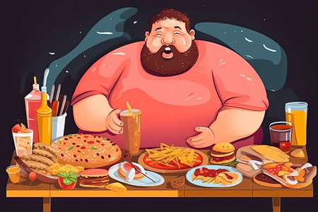 Fat man enjoy with a lot of fast food on the table.Generate Aiの素材