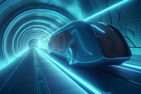 futuristic flying bus with peoples fast driving in sci fi tunnel, coridor. Concept of future. 3d rendering.Generate Aiの素材
