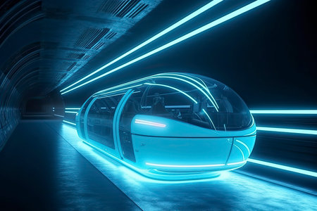 futuristic flying bus with peoples fast driving in sci fi tunnel, coridor. Concept of future. 3d rendering.Generate Aiの素材