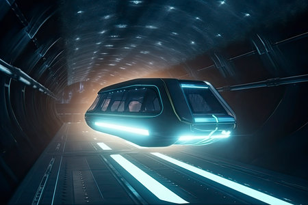 futuristic flying bus with peoples fast driving in sci fi tunnel, coridor. Concept of future. 3d rendering.Generate Aiの素材