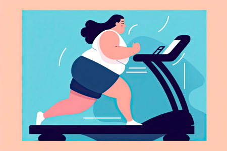 Overweight young woman running on treadmill. Loss weight cardio training.Generate Aiの素材