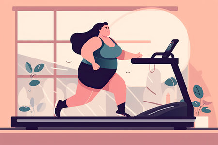 Overweight young woman running on treadmill. Loss weight cardio training.Generate Aiの素材