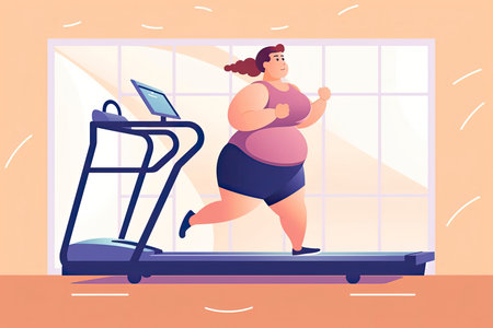 Overweight young woman running on treadmill. Loss weight cardio training.Generate Aiの素材