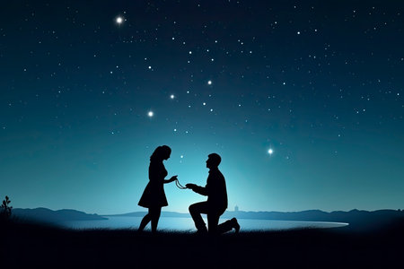 Silhouette of a romantic young couple with the man proposing at night against beautiful starry sky.Generate Aiの素材