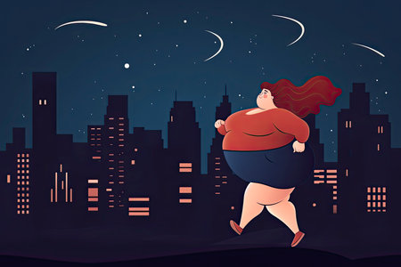 Vector illustration with a young obese woman running against the background of a night city.Generate Aiの素材