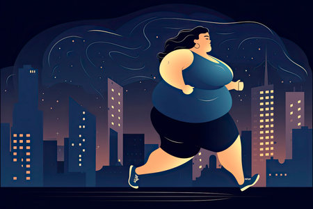 Vector illustration with a young obese woman running against the background of a night city.Generate Aiの素材