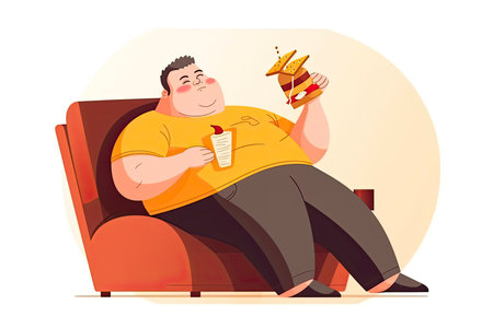 Unhealthy lifestyle and diet concept. Smiling over weight fatty man sitting napping in armchair after drinking.Generate Aiの素材
