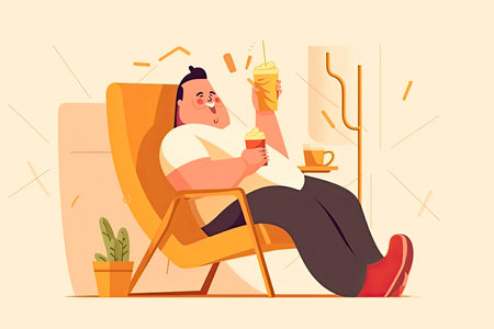Unhealthy lifestyle and diet concept. Smiling over weight fatty man sitting napping in armchair after drinking.Generate Aiの素材