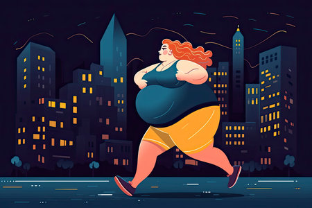 Vector illustration with a young obese woman running against the background of a night city.Generate Aiの素材