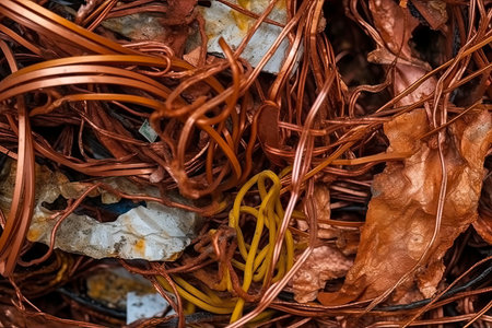 A scrap of an old wired and sheet copper material from a recycling company in the purpose of wallpaper.Generate Aiの素材