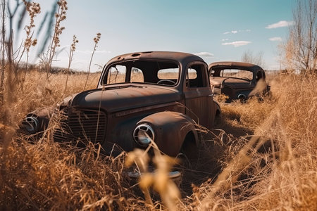 Abandoned vintage car rusts in rural meadow generated by artificial intelligence.Generate Aiの素材