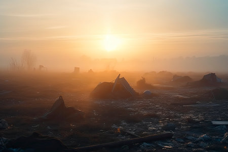 beautiful foggy dawn of the Sun over a huge field of urban garbage.Generate Aiの素材