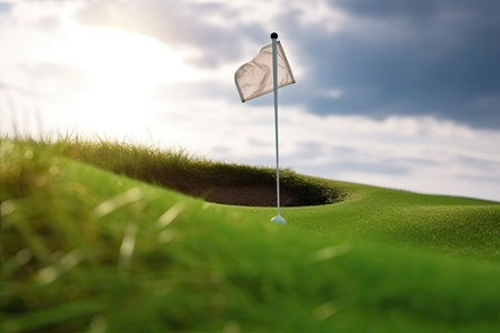 Golf ball and a flag on green hill.Generate Aiの素材