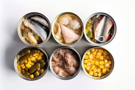 Different canned conserve products in tin cans. with fresh organic ingridients Saury, mackerel, sprats.Generate Aiの素材
