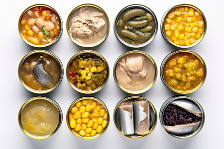 Different canned conserve products in tin cans. with fresh organic ingridients Saury, mackerel, sprats.Generate Aiの素材