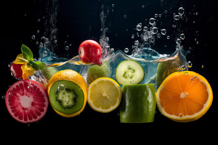 Fruit juice mixed with water. Underwater photography of fresh fruit and vegetables.Generate Aiの素材