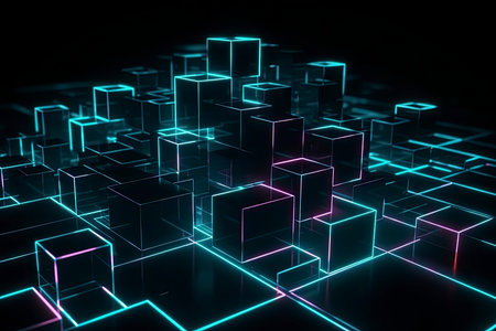 Glowing neon lines and randomly arranged cubes in the dark room, 3d rendering.Generate Aiの素材