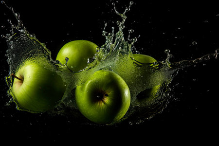 fresh green apples falling into water with splash on a dark background.Generate Aiの素材