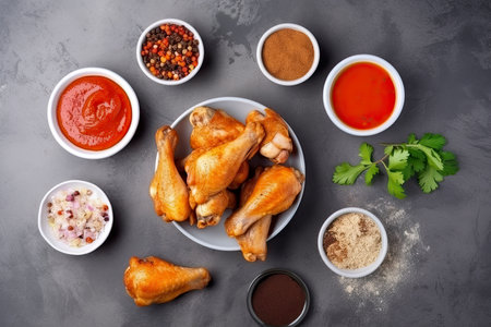 Fresh chicken wings with spices and the sauce set, on gray stone table background, top view flat lay.Generate Aiの素材