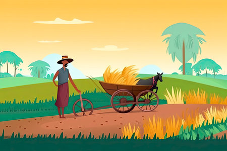 Indian agriculture working. Farmer harvesting in field asia vector background in cartoon style.Generate Aiの素材