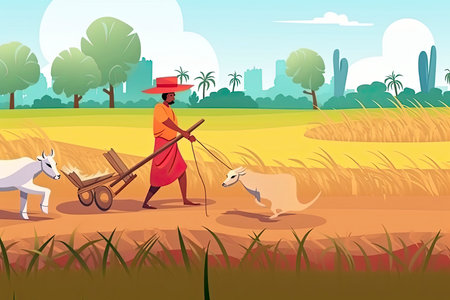Indian agriculture working. Farmer harvesting in field asia vector background in cartoon style.Generate Aiの素材
