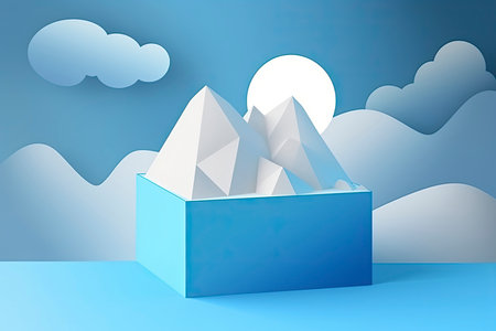 3D realistic blue cube shaped pedestal podium with landscape nature mountain, cloud and sun backdrop.Generate Aiの素材