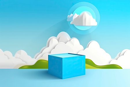 3D realistic blue cube shaped pedestal podium with landscape nature mountain, cloud and sun backdrop.Generate Aiの素材