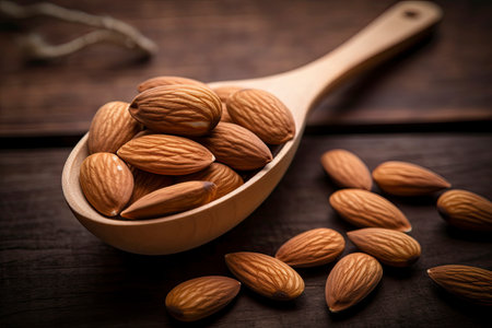 Almonds nut and wood spoon in wood cup on wood background. They are highly nutritious and rich in healthy fats or High - density lipoprotein( HDL) cholesterol, antioxidants, vitamins and minerals.Generate Aiの素材