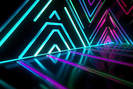 Neon light room with round stage in the center, 3d rendering. Computer digital drawing.Generate Aiの素材