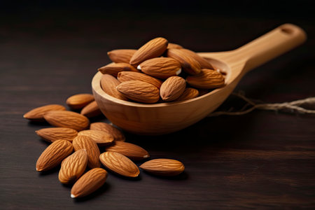 Almonds nut and wood spoon in wood cup on wood background. They are highly nutritious and rich in healthy fats or High - density lipoprotein( HDL) cholesterol, antioxidants, vitamins and minerals.Generate Aiの素材