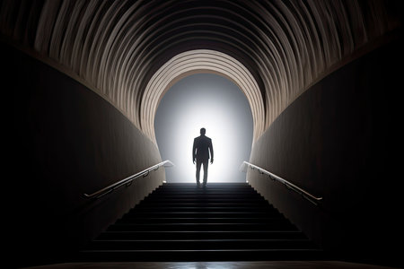 Business success and life in motion concept with man walking towards the light from wall hole in the middle of a huge dark hall with stairs.Generate Aiの素材