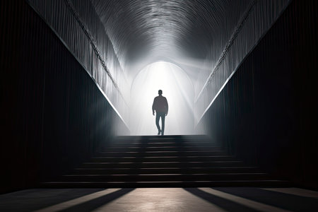 Business success and life in motion concept with man walking towards the light from wall hole in the middle of a huge dark hall with stairs.Generate Aiの素材