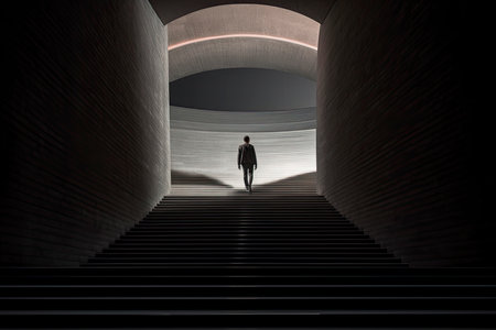 Business success and life in motion concept with man walking towards the light from wall hole in the middle of a huge dark hall with stairs.Generate Aiの素材