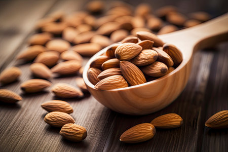 Almonds nut and wood spoon in wood cup on wood background. They are highly nutritious and rich in healthy fats or High - density lipoprotein( HDL) cholesterol, antioxidants, vitamins and minerals.Generate Aiの素材