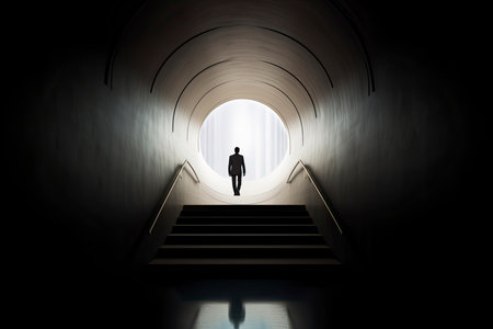Business success and life in motion concept with man walking towards the light from wall hole in the middle of a huge dark hall with stairs.Generate Aiの素材