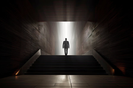 Business success and life in motion concept with man walking towards the light from wall hole in the middle of a huge dark hall with stairs.Generate Aiの素材