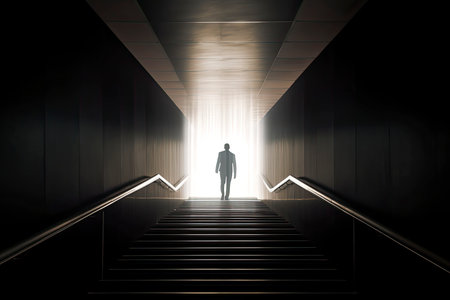 Business success and life in motion concept with man walking towards the light from wall hole in the middle of a huge dark hall with stairs.Generate Aiの素材