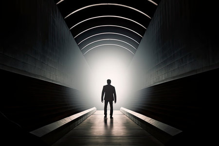 Business success and life in motion concept with man walking towards the light from wall hole in the middle of a huge dark hall with stairs.Generate Aiの素材
