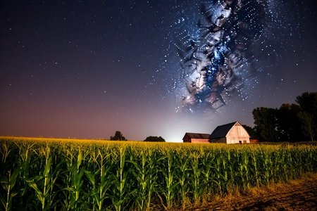 Farm landscape with corn field and night sky with stars.Generate Aiの素材