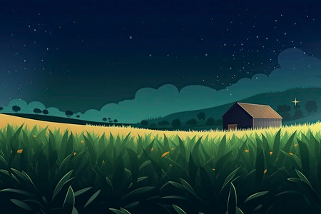 Farm landscape with corn field and night sky with stars.Generate Aiの素材