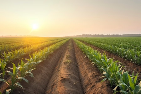 Field with rows of young corn. Morning rural landscape.Generate Aiの素材