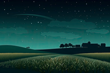 Farm landscape with corn field and night sky with stars.Generate Aiの素材