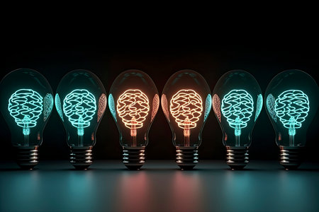 Illuminated light bulb with brain inside in a row. One different glowing on circuit. Business bright idea.Generate Aiの素材