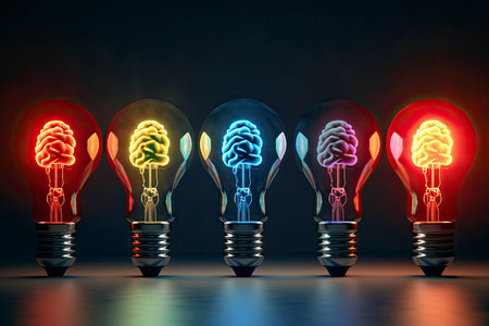 Illuminated light bulb with brain inside in a row. One different glowing on circuit. Business bright idea.Generate Aiの素材