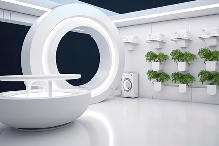 Hydroponics Lab room on spacecraft with white circle podium empty.3D rendering.Generate Aiの素材