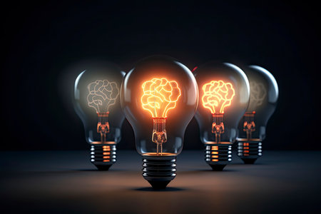 Illuminated light bulb with brain inside in a row. One different glowing on circuit. Business bright idea.Generate Aiの素材