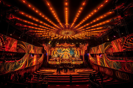 Image from inside a large circus illuminated by beautiful lights in its most incredible presentation.Generate Aiの素材