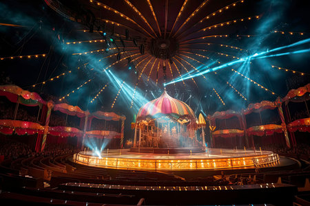 Image from inside a large circus illuminated by beautiful lights in its most incredible presentation.Generate Aiの素材