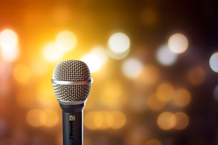 Public speaking backgrounds, Close-up the microphone on stand for speaker speech presentation stage.Generate Aiの素材